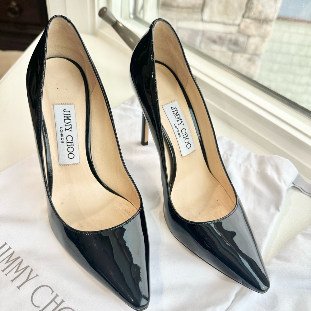 Jimmy Choo black, patent leather, stiletto heel pumps, 4 inch heels - Picture 13 of 16